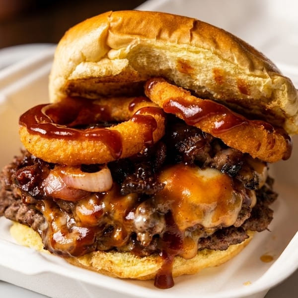A large, messy burger with onion rings, melted cheese, and BBQ sauce in a white takeout container.