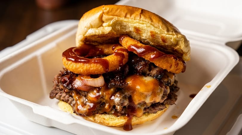 A large, messy burger with onion rings, melted cheese, and BBQ sauce in a white takeout container.