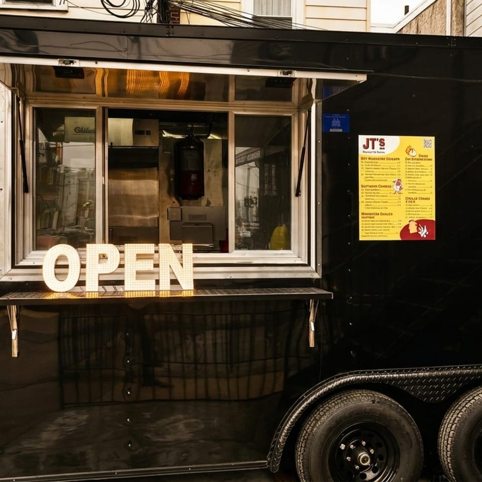 JT's Burgers & Donuts food truck, black with an "OPEN" sign in the service window.